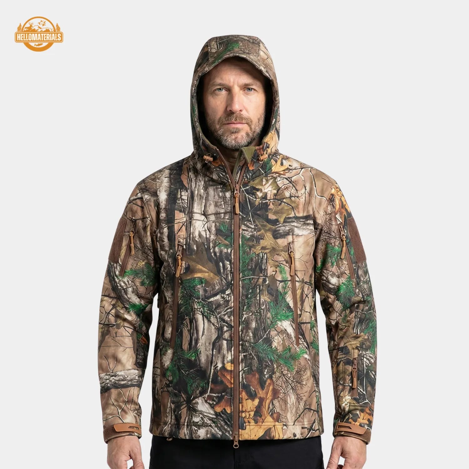 Hunting layering system with camo softshell jacket for cold weather protection