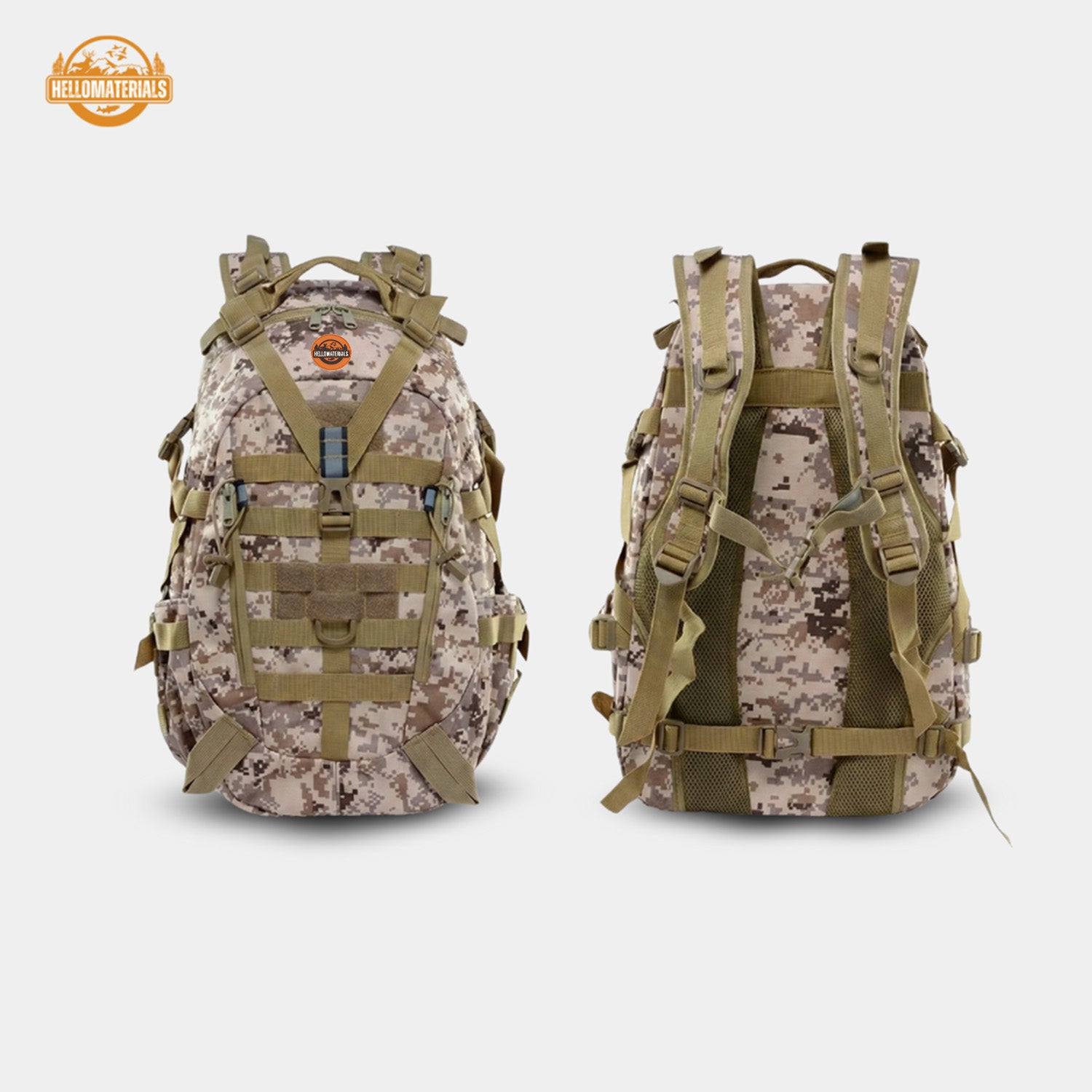 Hellomaterials 45L Desert Camo Tactical Hiking Backpack
