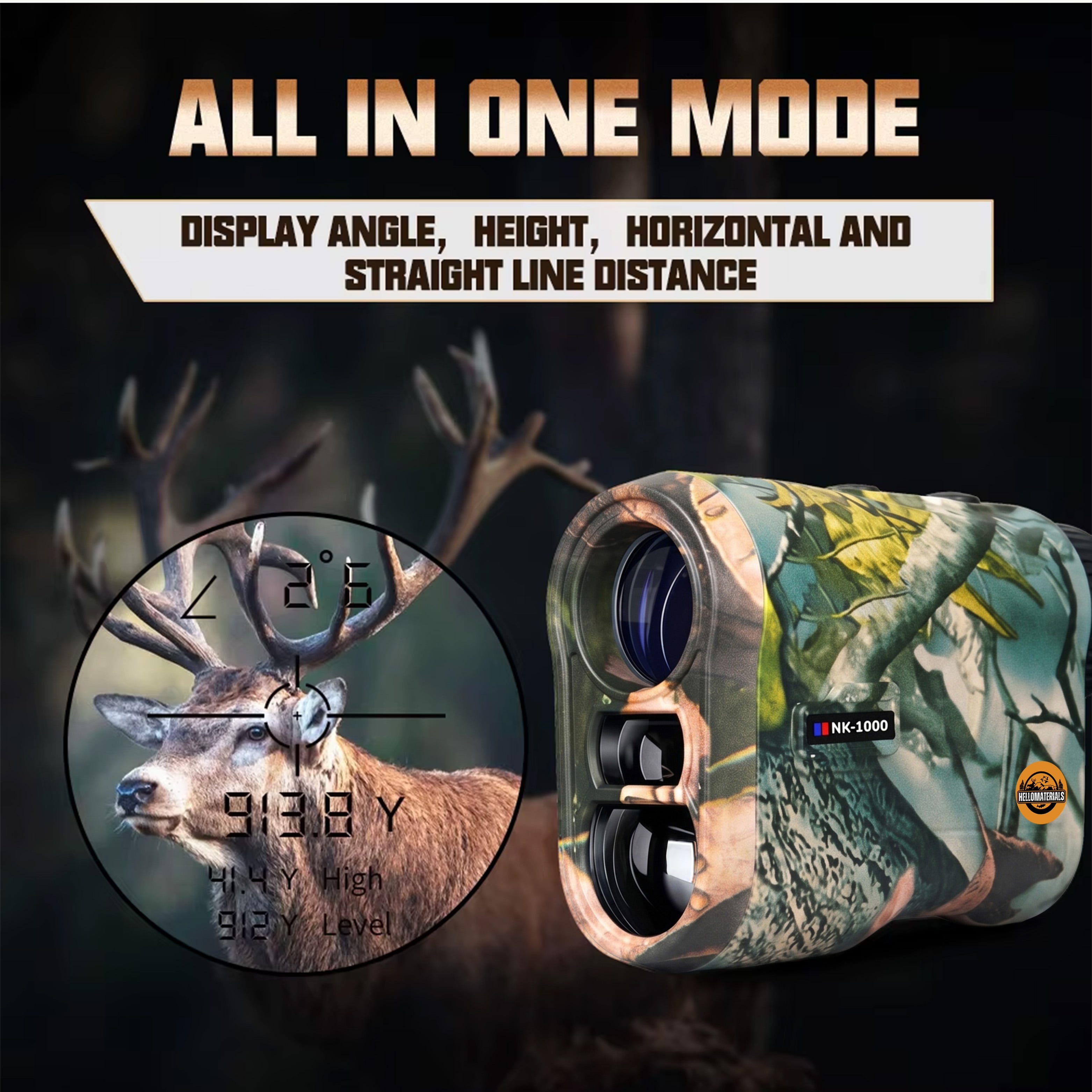 All-in-one measurement mode showing angle, height, and horizontal distance for hunting