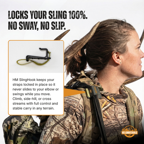 Hunter wearing backpack with Sling Hook holding rifle sling