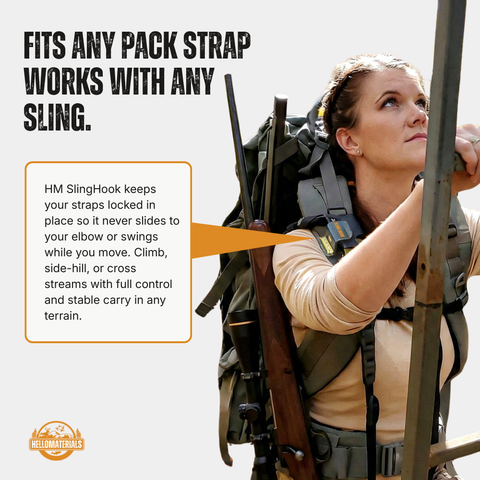 Rifle sling secured to backpack strap with Sling Hook