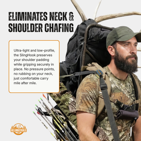 Hunter carrying rifle with Sling Hook on backpack strap