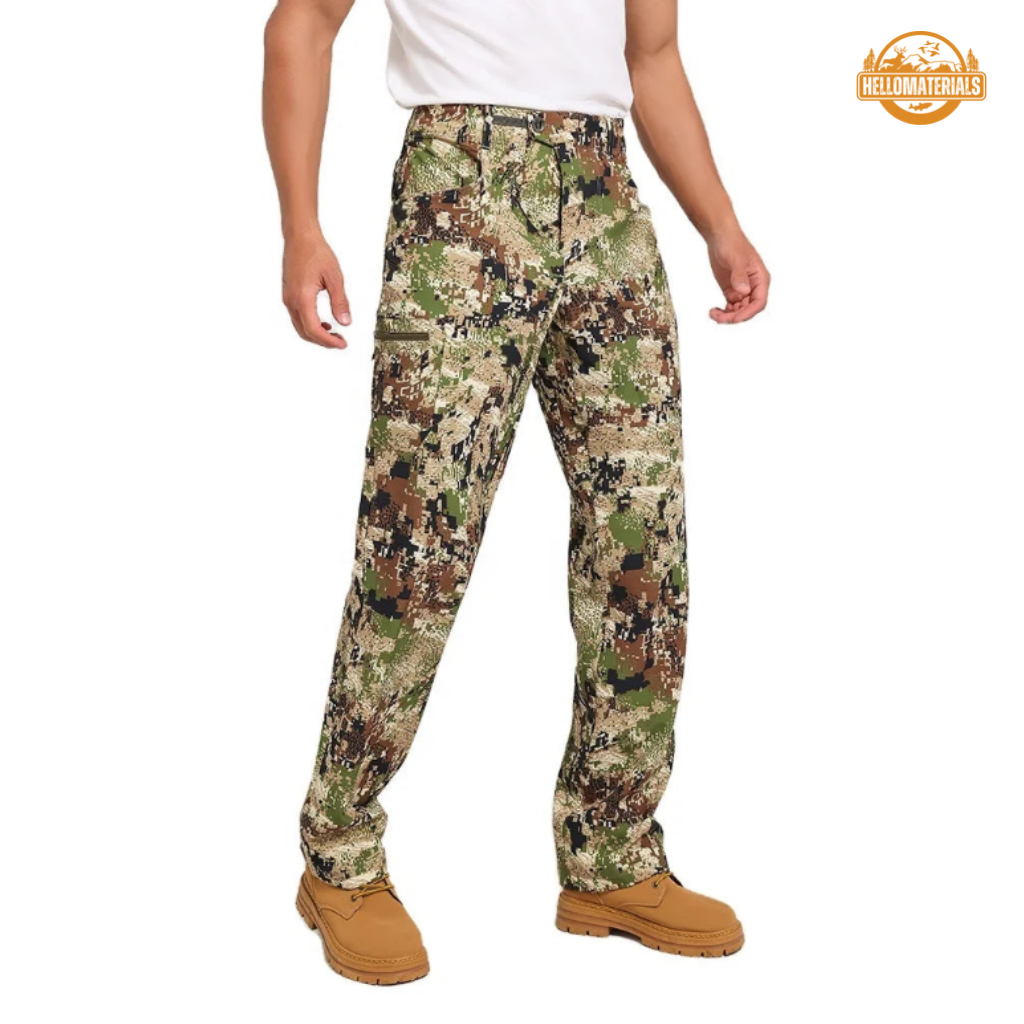 Hellomaterials outdoor camo pants side profile durable polyester spandex blend