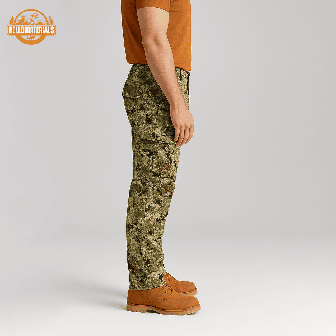 Hellomaterials outdoor camo pants side profile durable polyester spandex blend