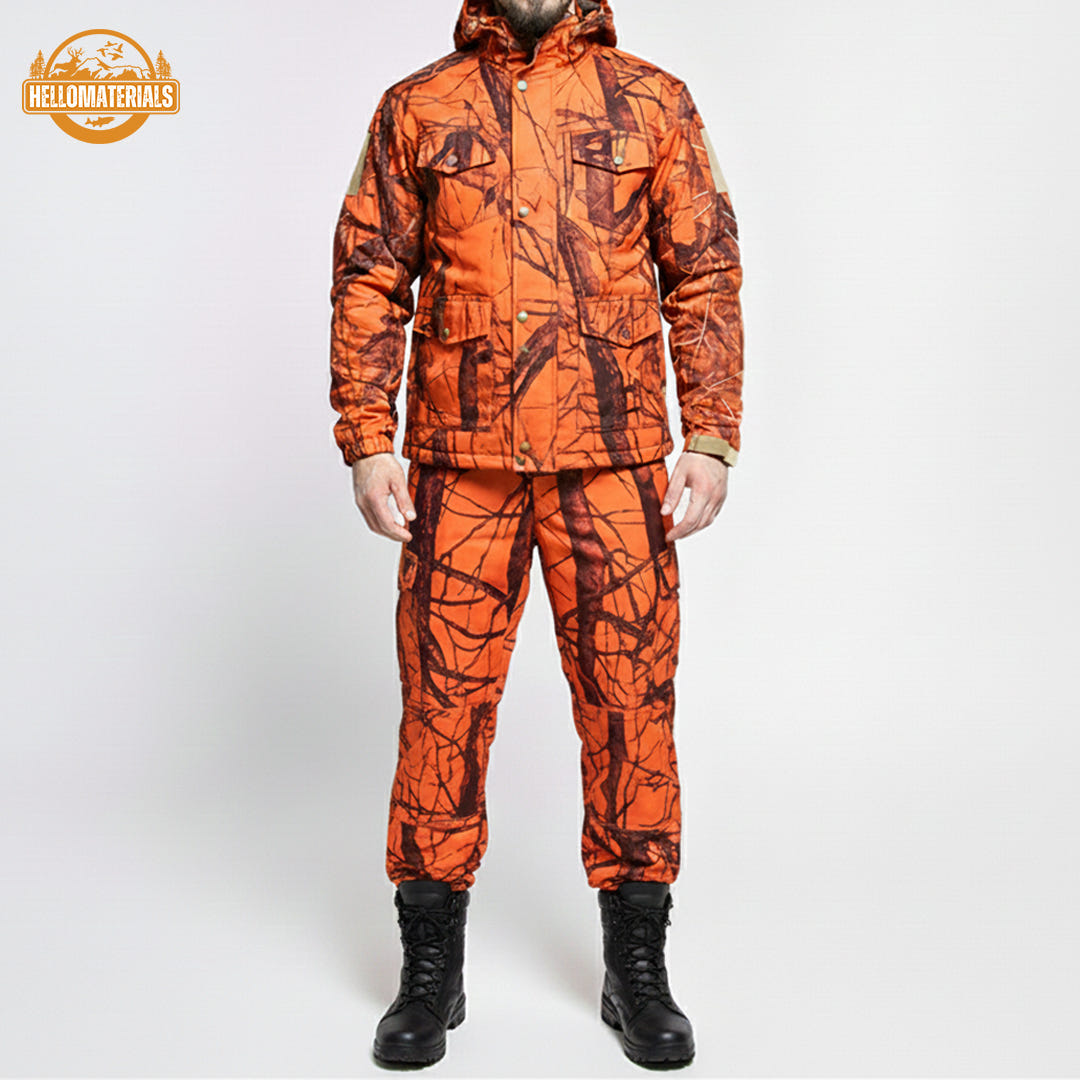 Hellomaterials tactical hunting suit, featuring windproof and water-repellent fabric for cold weather outdoor use.