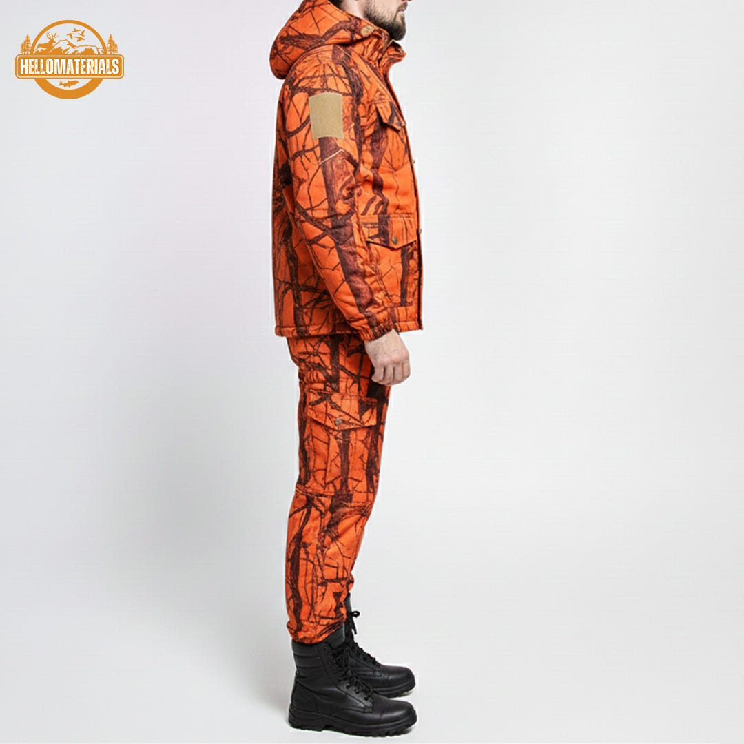 Side view of the Hellomaterials thermal insulated suit, designed for maximum comfort and mobility in the field.