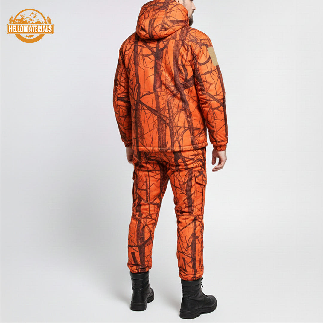 Back view of the Hellomaterials hunting jacket and pants, showing ergonomic design for unrestricted movement.