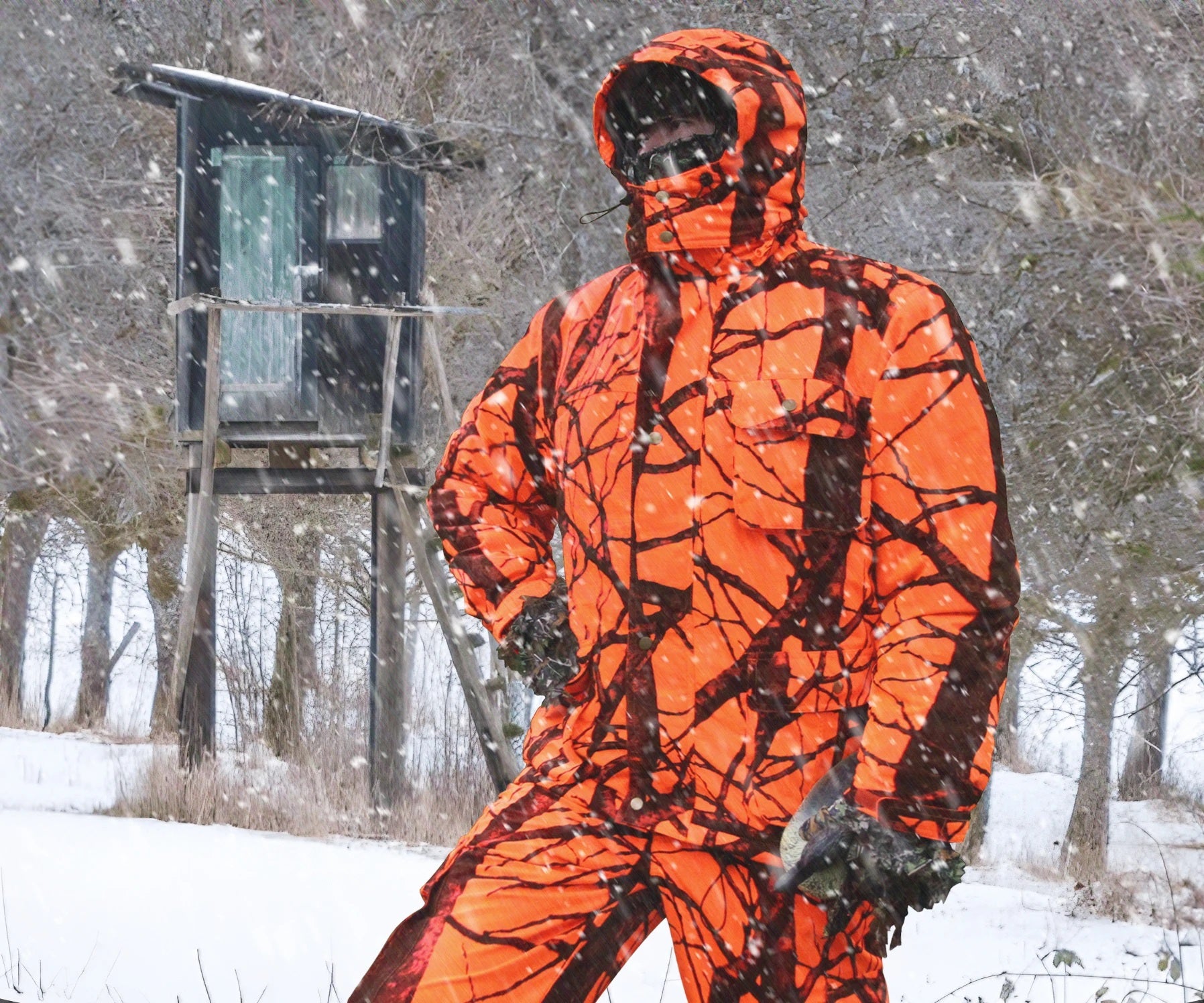 Hellomaterials Camo Blaze Orange Hunting Suit