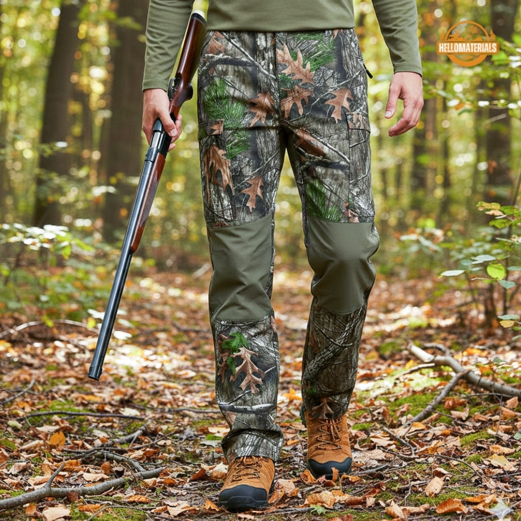 Front view of Hellomaterials lightweight camo hunting pants