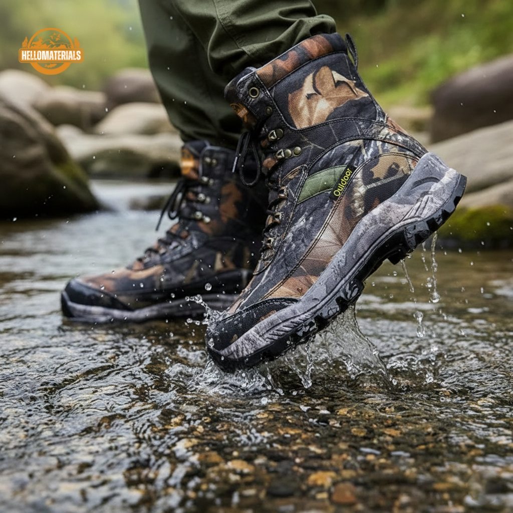 profile of Hellomaterials camouflage mountain climbing boot