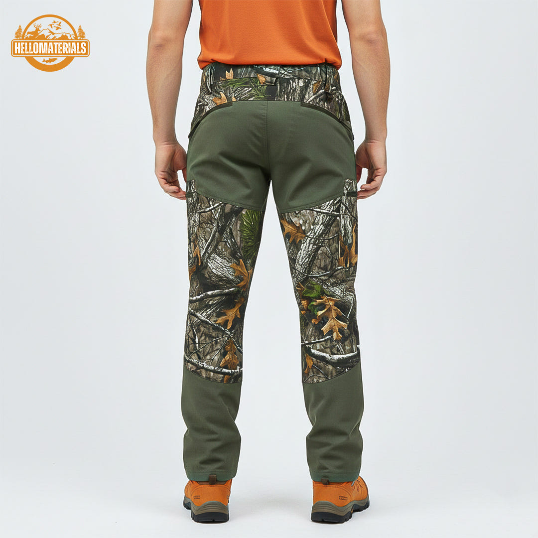 Three-angle view of men's technical hunting trousers in a forest-inspired camouflage pattern with reinforced olive-green panels, shown modeled with hiking boots. Ideal apparel for dedicated camo enthusiasts.