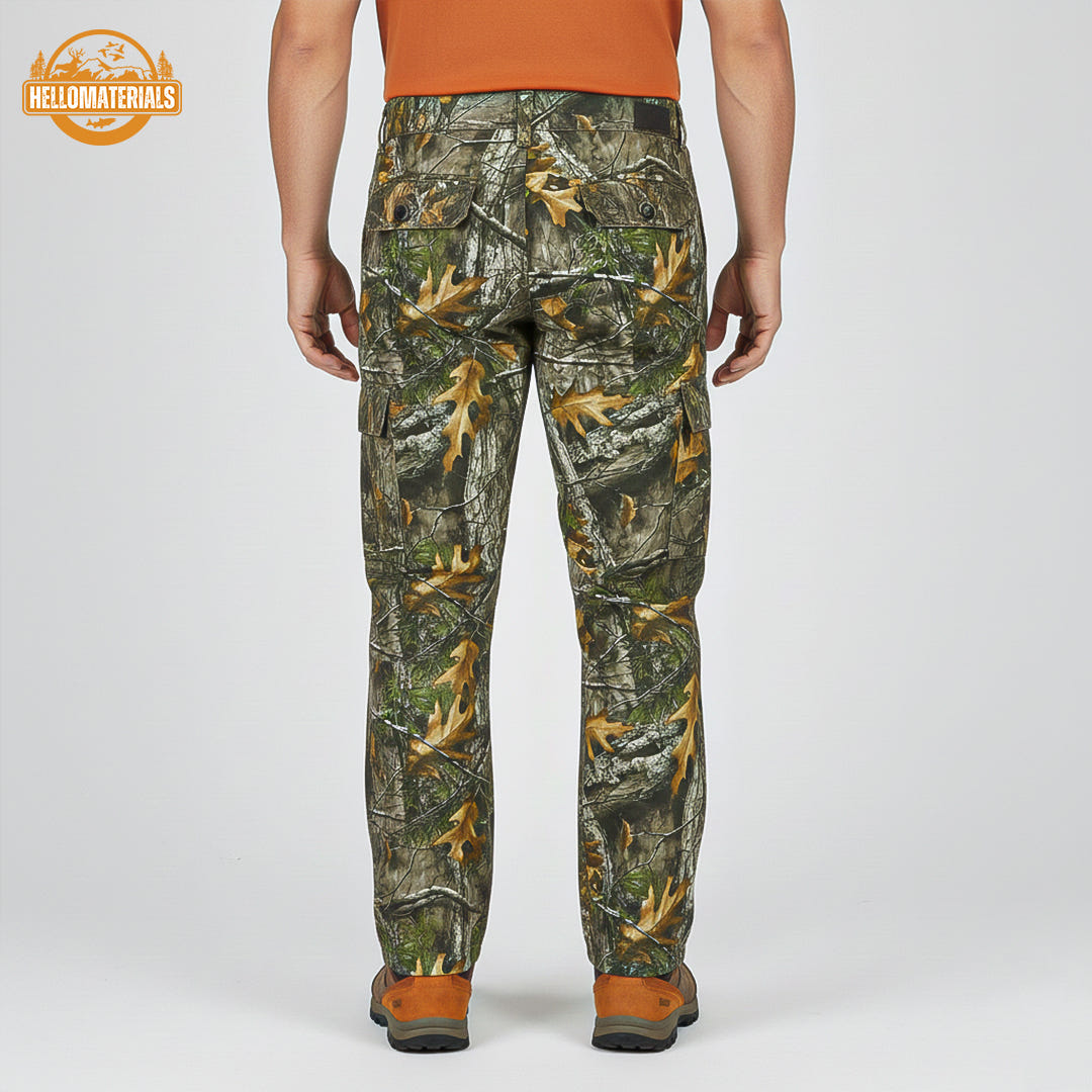 Hellomaterials camo pants shown from the back, highlighting comfort and fit.