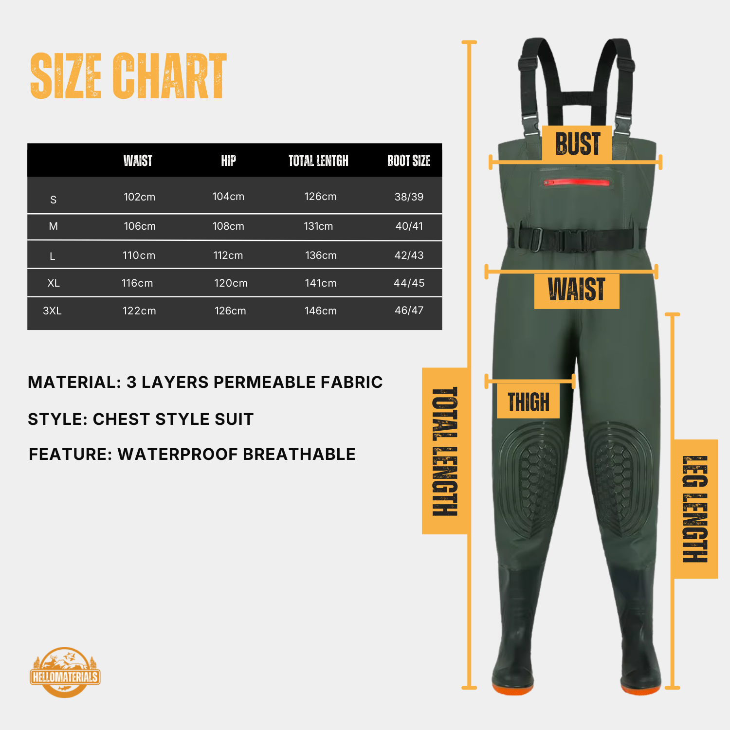 Hellomaterials Professional Waterproof Chest Waders with Boots
